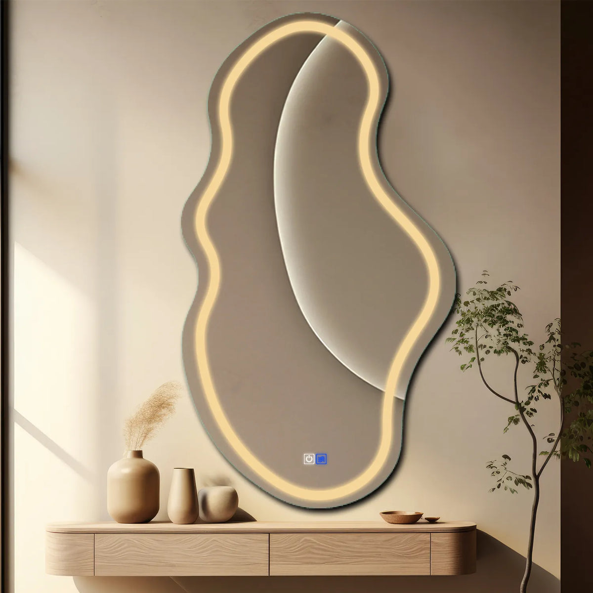 LED Spiegel Asymmetrisch 2 | met Touch-Knoppen | en Anti-Condens Functie | Warm Wit Licht - Reyze Serie Salono Model 1 - Verticaal
