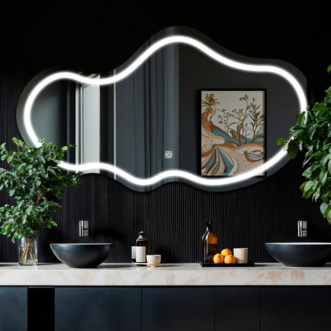 LED Spiegel Asymmetrisch 2 | met Touch-Knop | Koud wit licht - Reyze Serie Salono Model 1 - Horizontal