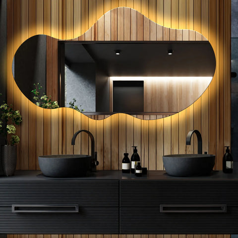 LED Spiegel Asymmetrisch 2 | Zonder Touchknoppen | Warm Wit Licht - Reyze Serie Ambient Model 1 - Horizontal