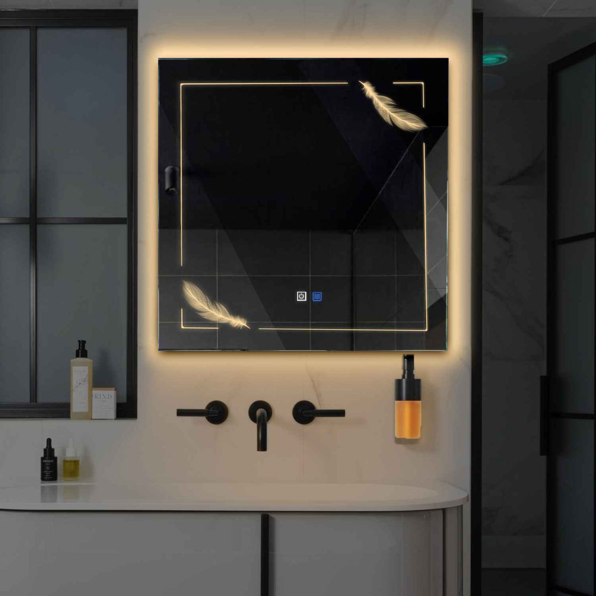 LED Spiegel Vierkant | met Touch-Knoppen | en Anti-Condens Functie | Warm Wit Licht - Reyze Serie Good Vibes Model 2