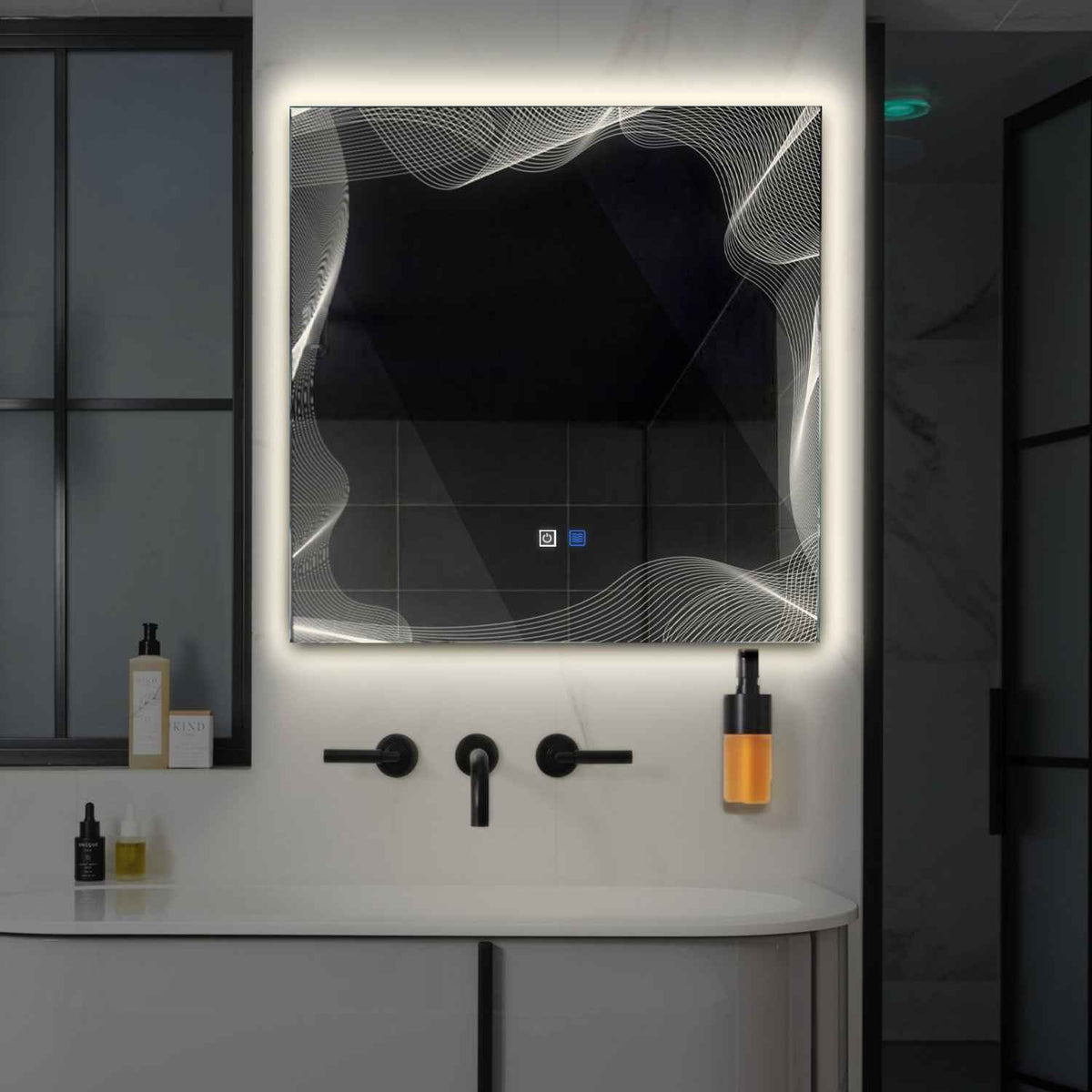 LED Spiegel Vierkant | met Touch-Knoppen | en Anti-Condens Functie | Neutraal wit licht - Reyze Serie Simetria Model 3