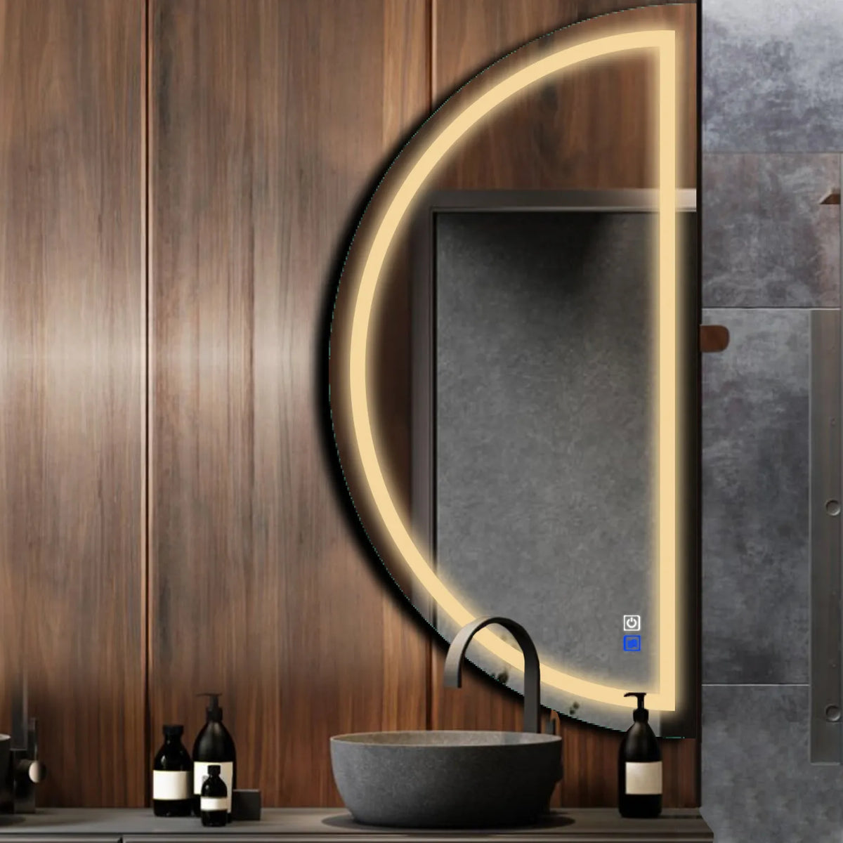 LED Spiegel Halve maan | met Touch-Knoppen | en Anti-Condens Functie | Warm Wit Licht - Reyze Serie Salono Model 1 - Rechterkant