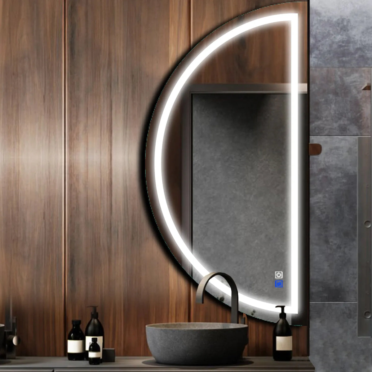 LED Spiegel Halve maan | met Touch-Knoppen | en Anti-Condens Functie | Koud wit licht - Reyze Serie Salono Model 1 - Rechterkant